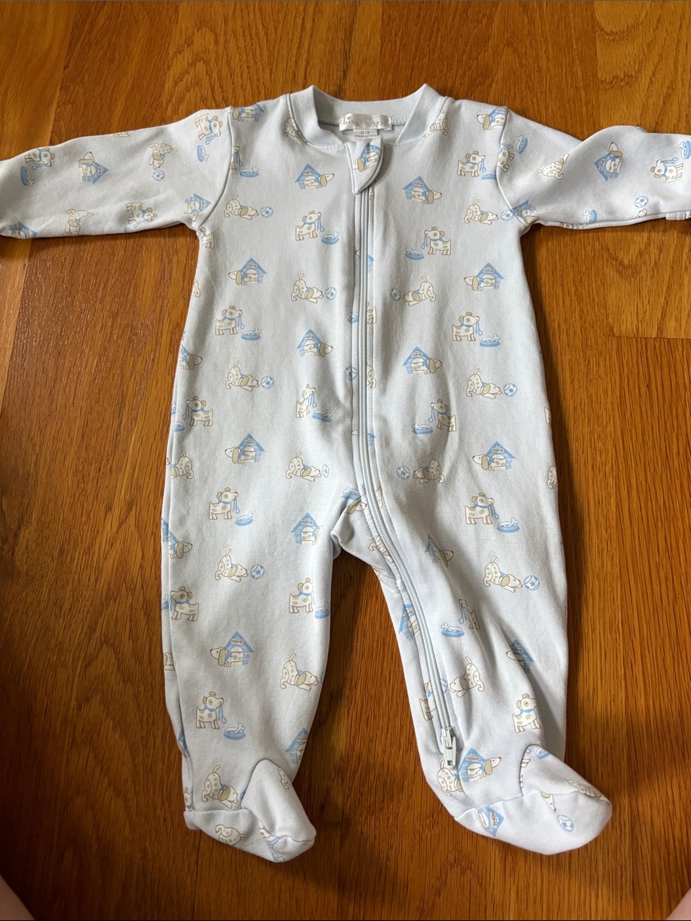 Kissy Kissy Light Blue Footed One-Piece with Puppy & House Print